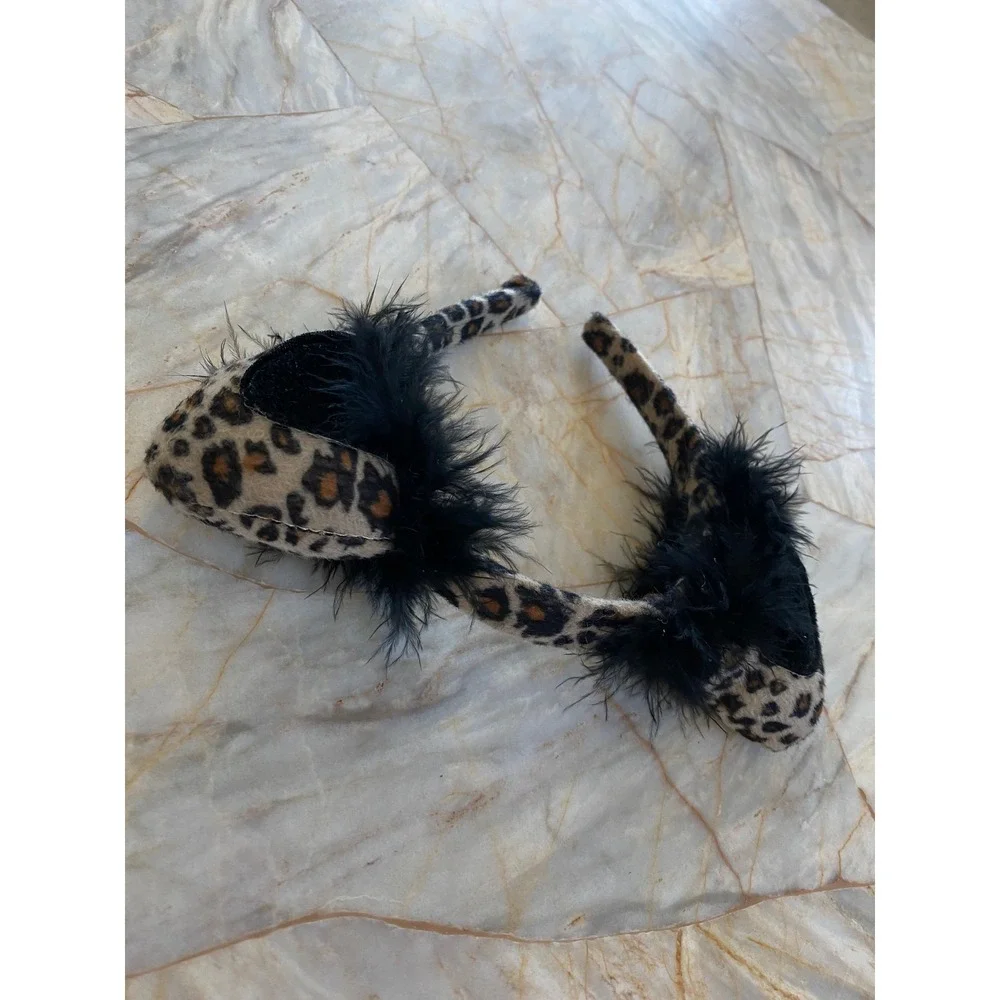 Leopard Print Cat Ear Headband with Black Marabou Feather Trim Costume Accessory